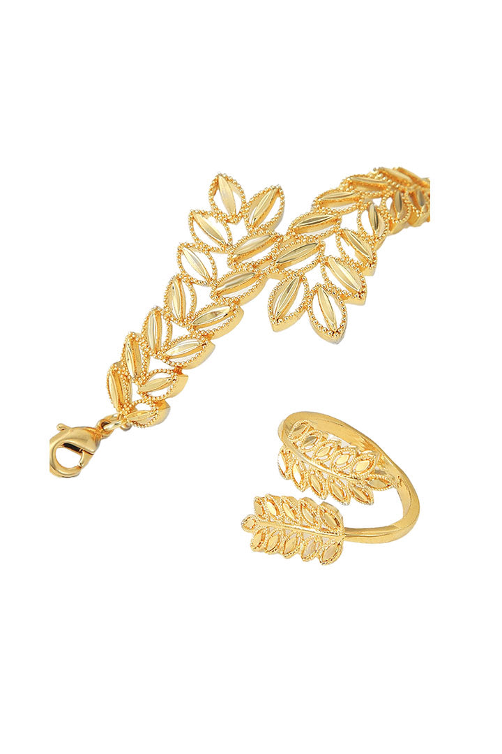 Golden Leaf Motif Bracelet & Ring Set