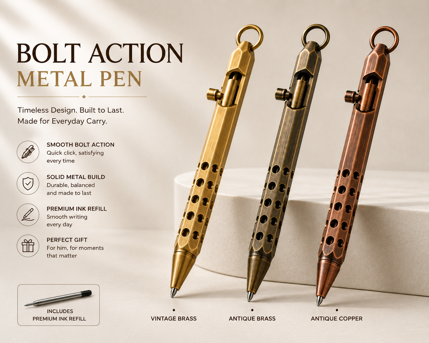 Notra Brass Bolt Action Pen - Antique Copper